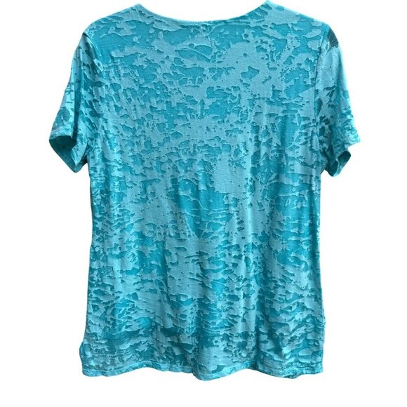 Coldwater Creek Womens Aqua Textured Burnout Sheer Overlay Short Sleeve Blouse L - Picture 2 of 11
